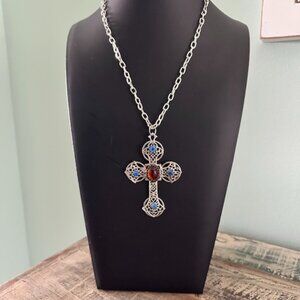 Filigree Jeweled Silver Tone Pendant Cross Necklace